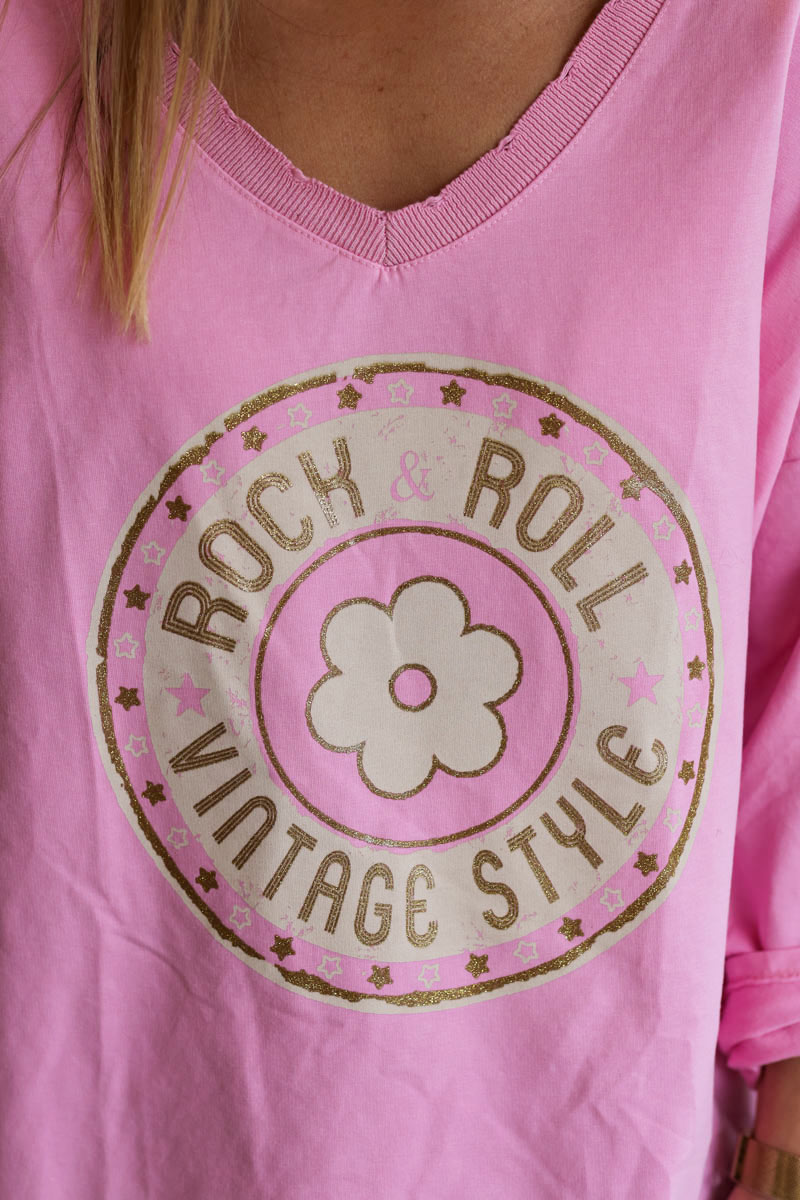 Pink thick jersey long sleeve top gold rock and roll logo