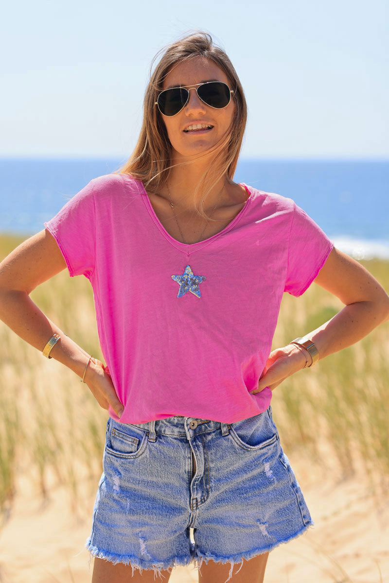 Fuchsia cotton T-shirt with sequin star