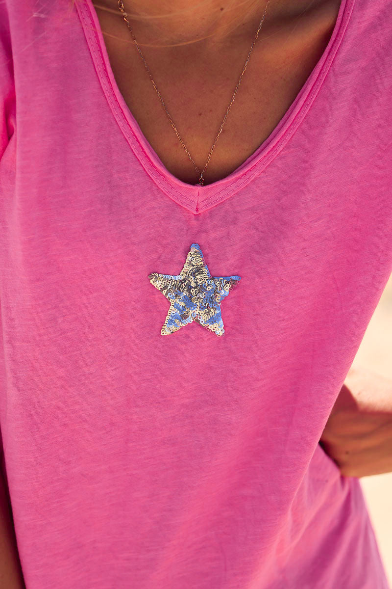 Fuchsia cotton T-shirt with sequin star