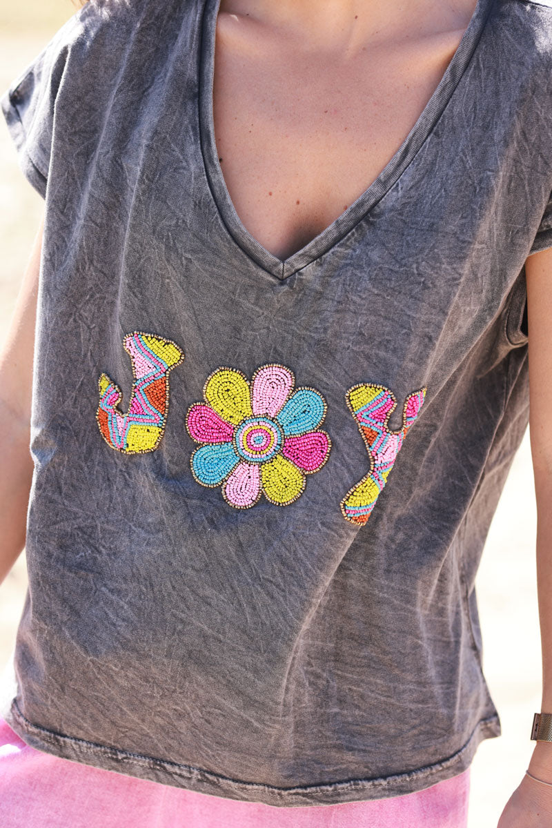 Charcoal “Joy” Beaded Vintage Art Tee