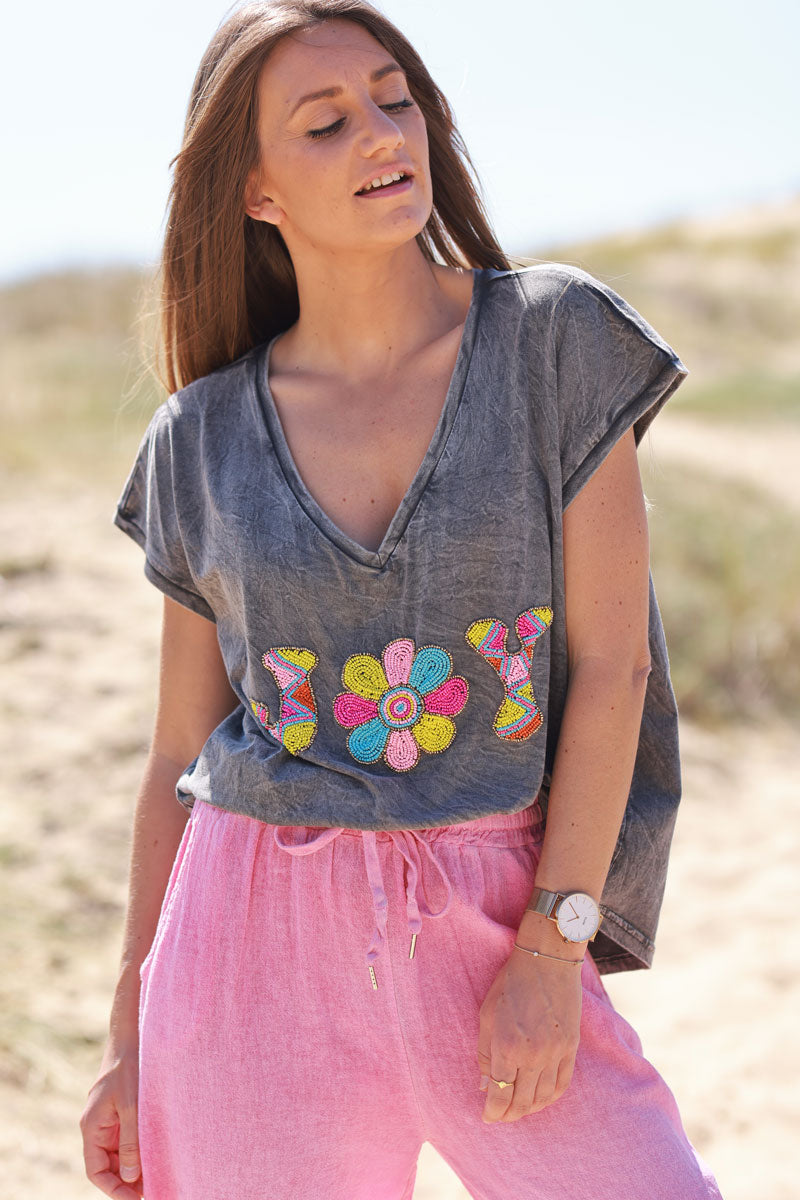 Charcoal “Joy” Beaded Vintage Art Tee