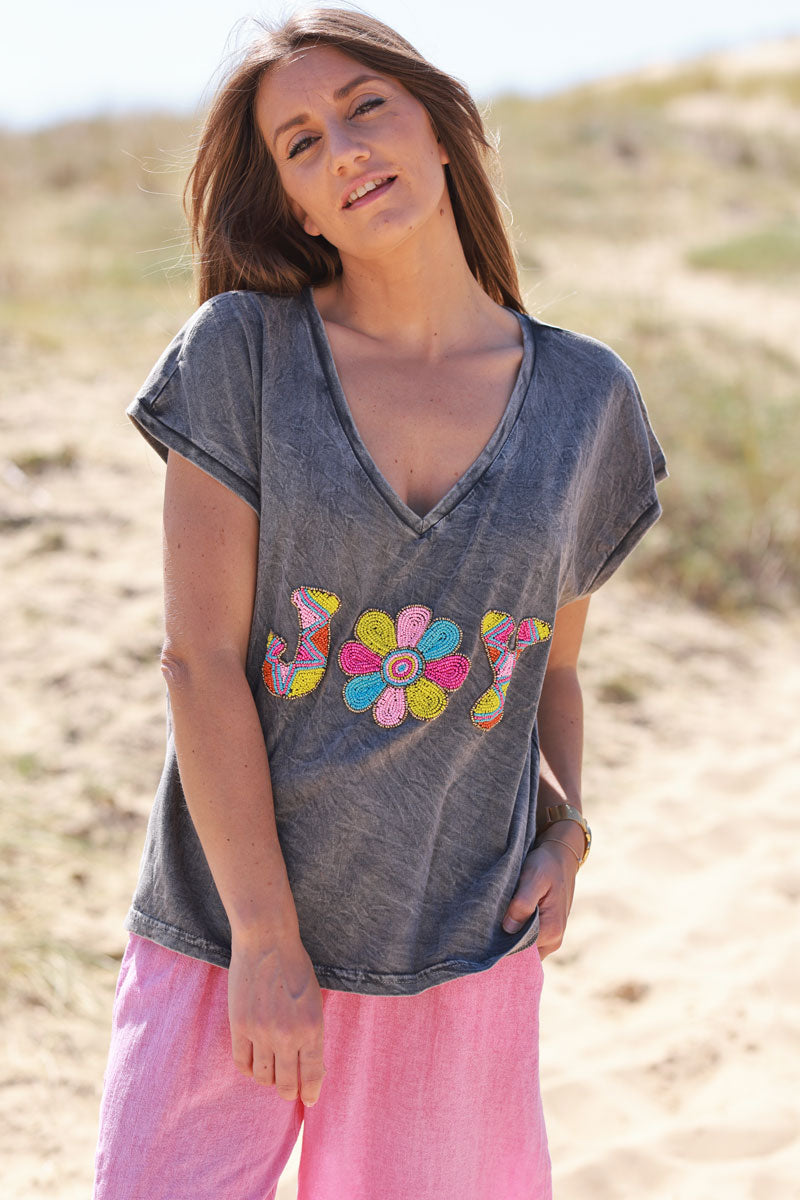 Charcoal “Joy” Beaded Vintage Art Tee