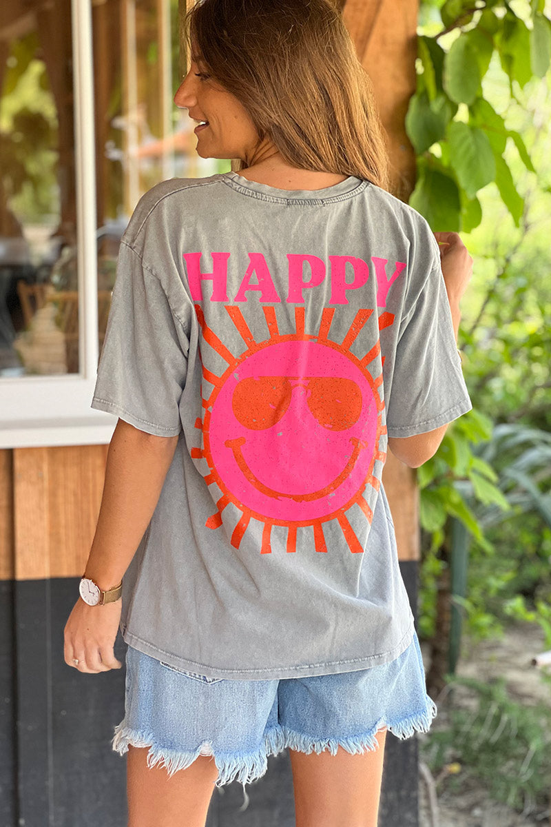 T-shirt gris délavé en coton imprimé Smiley Soleil Happy au dos