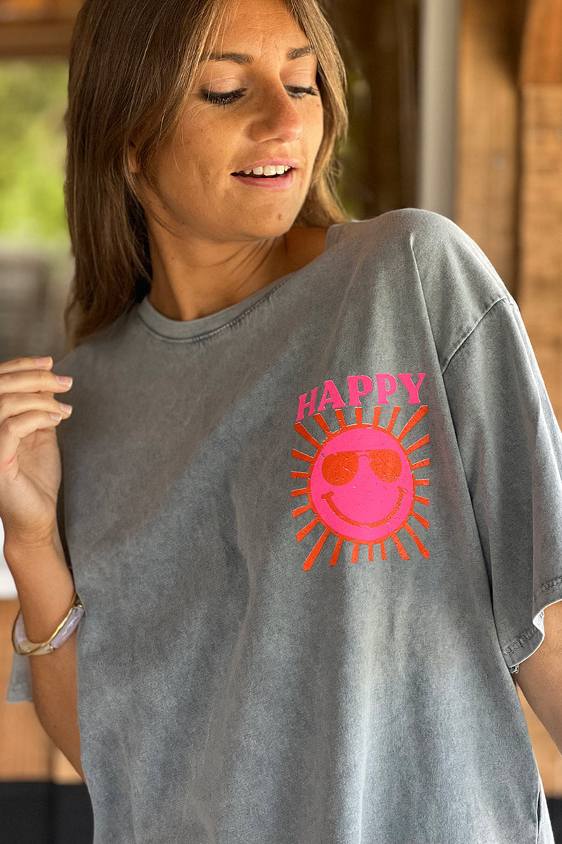 T-shirt gris délavé en coton imprimé Smiley Soleil Happy au dos
