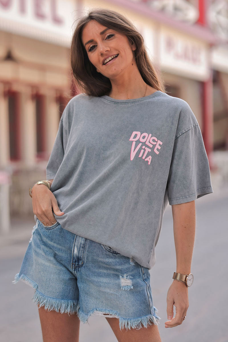 Tshirt gris délavé manches courtes col rond dolce vita en sérigraphie