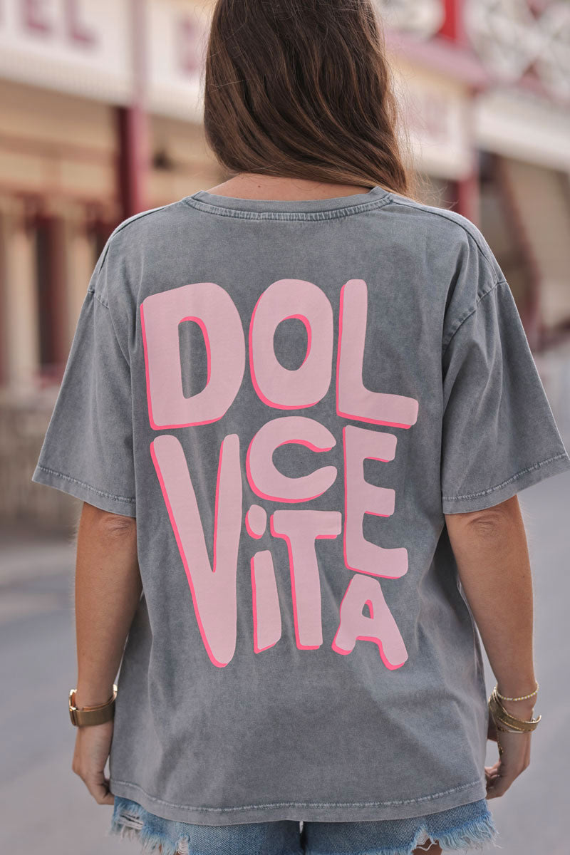 Tshirt gris délavé manches courtes col rond dolce vita en sérigraphie