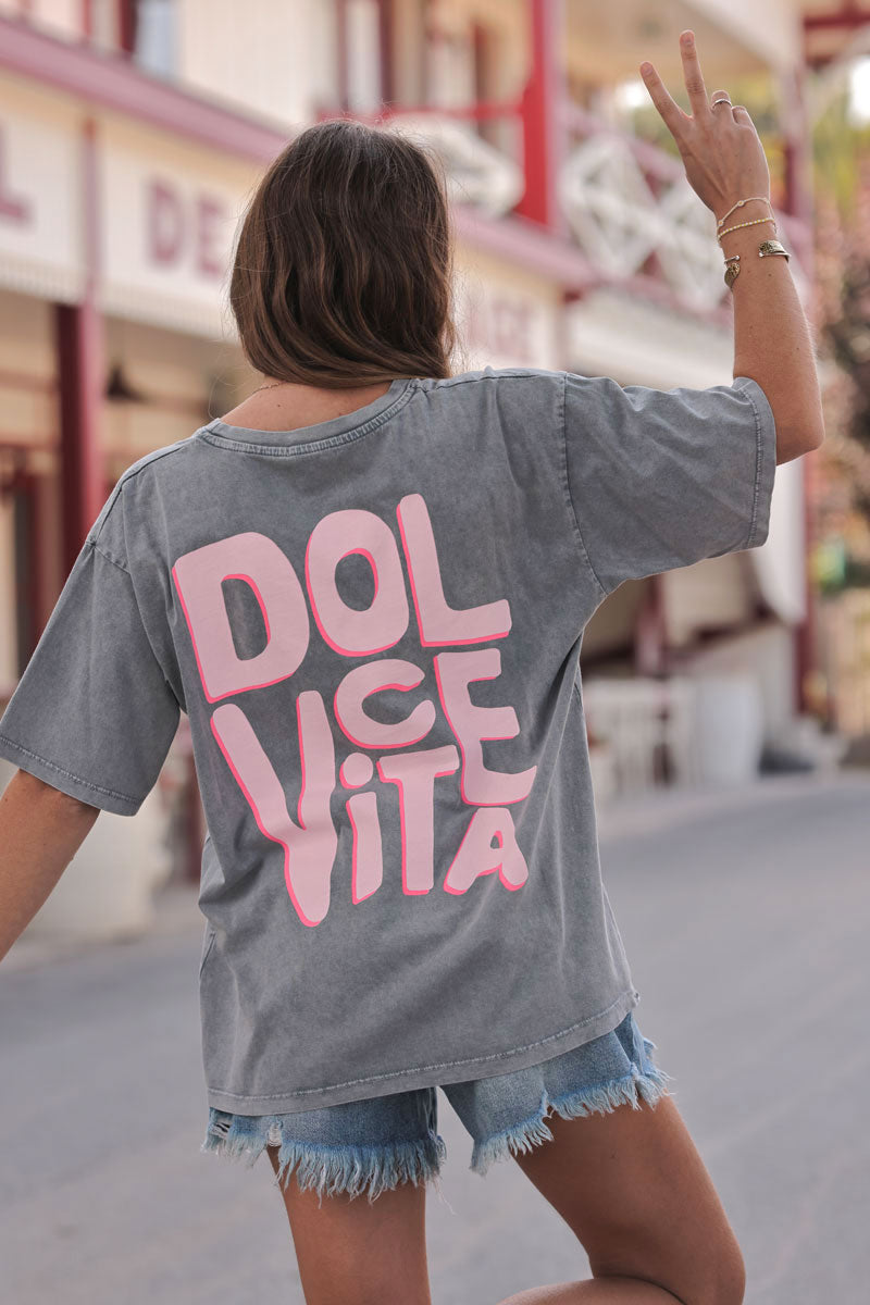 Tshirt gris délavé manches courtes col rond dolce vita en sérigraphie