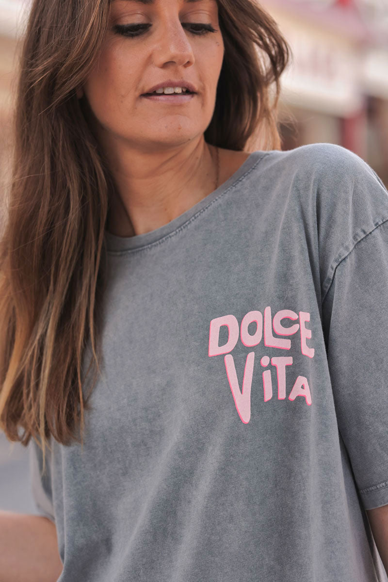 Tshirt gris délavé manches courtes col rond dolce vita en sérigraphie