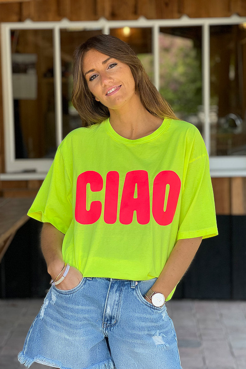 T-shirt jaune en coton inscription CIAO rose fluo
