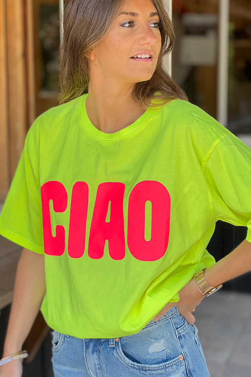 T-shirt jaune en coton inscription CIAO rose fluo