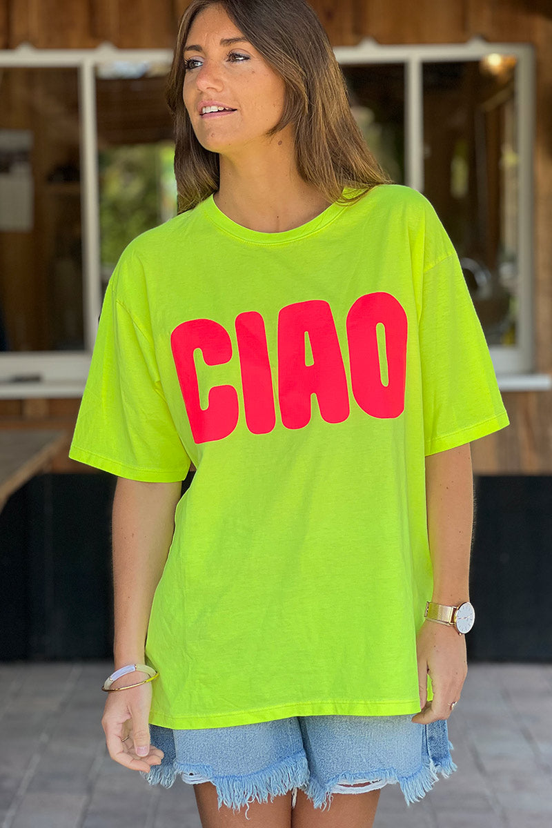T-shirt jaune en coton inscription CIAO rose fluo