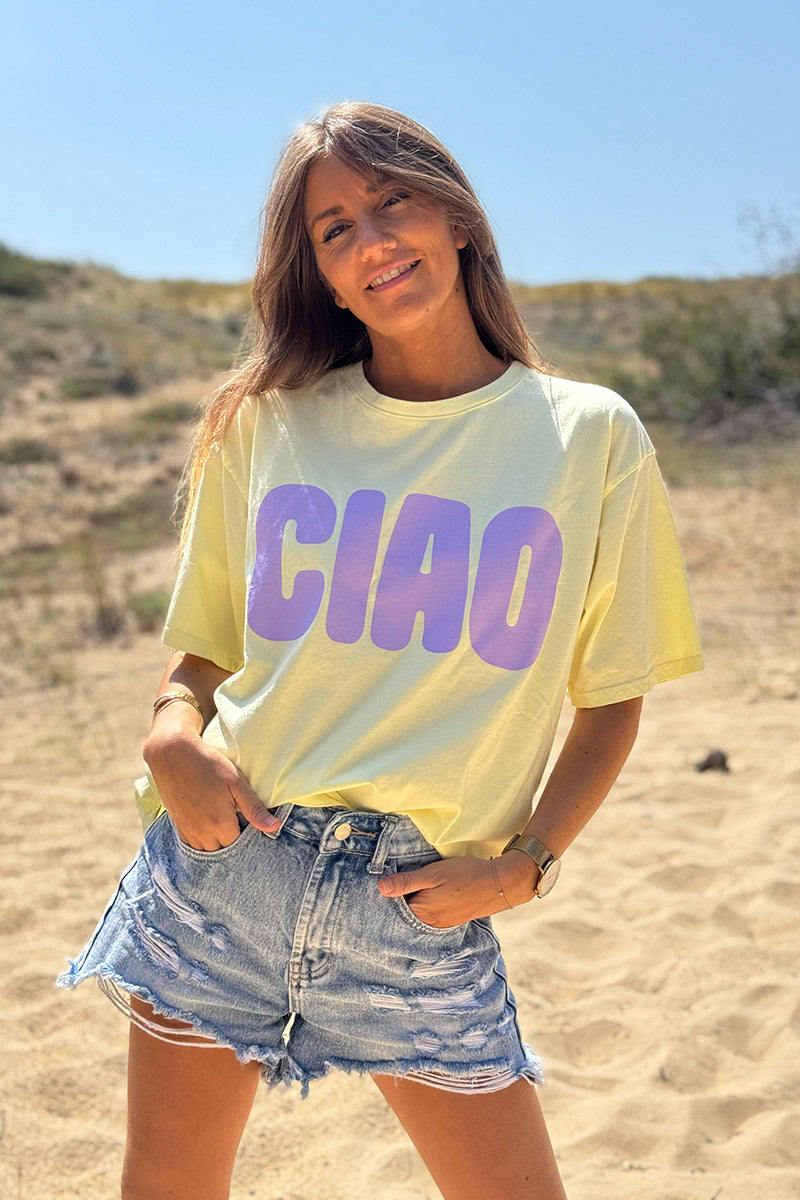 Tshirt jaune pâle délavé CIAO mauve col rond