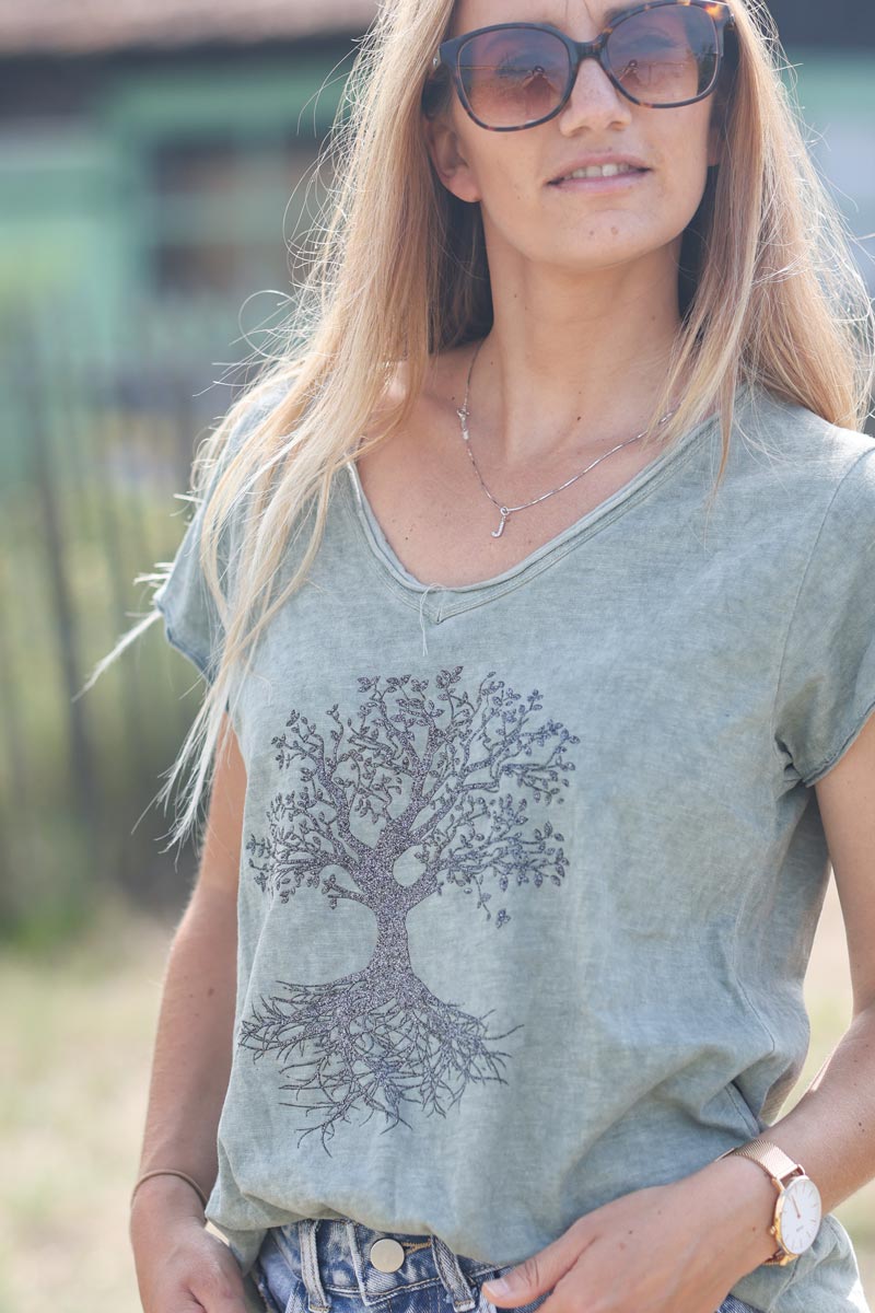 Khaki v-neck t-shirt with a glitter tree of life design