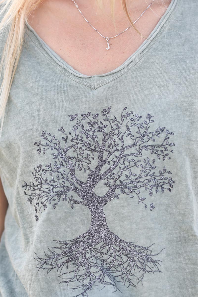 Khaki v-neck t-shirt with a glitter tree of life design