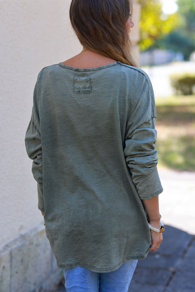 Faded khaki long sleeve top with embroidered back patch