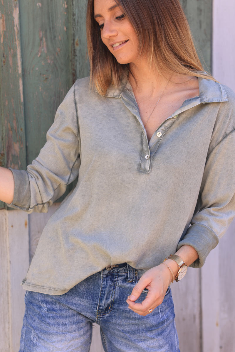 Khaki long sleeve top with shirt collar and buttons