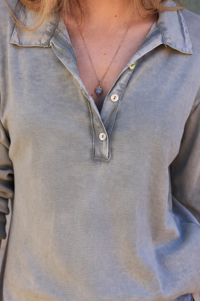Tshirt kaki délavé manches longues en coton col chemise petits boutons