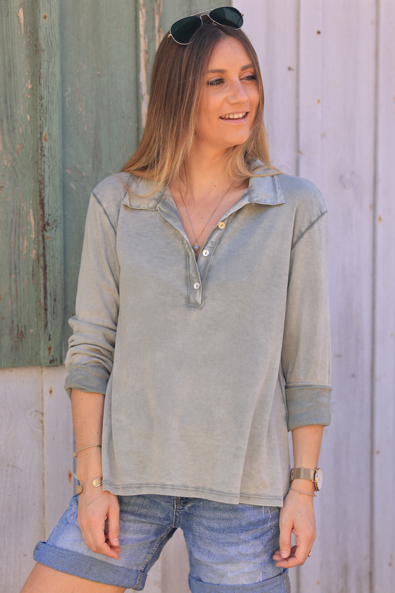 Khaki long sleeve top with shirt collar and buttons