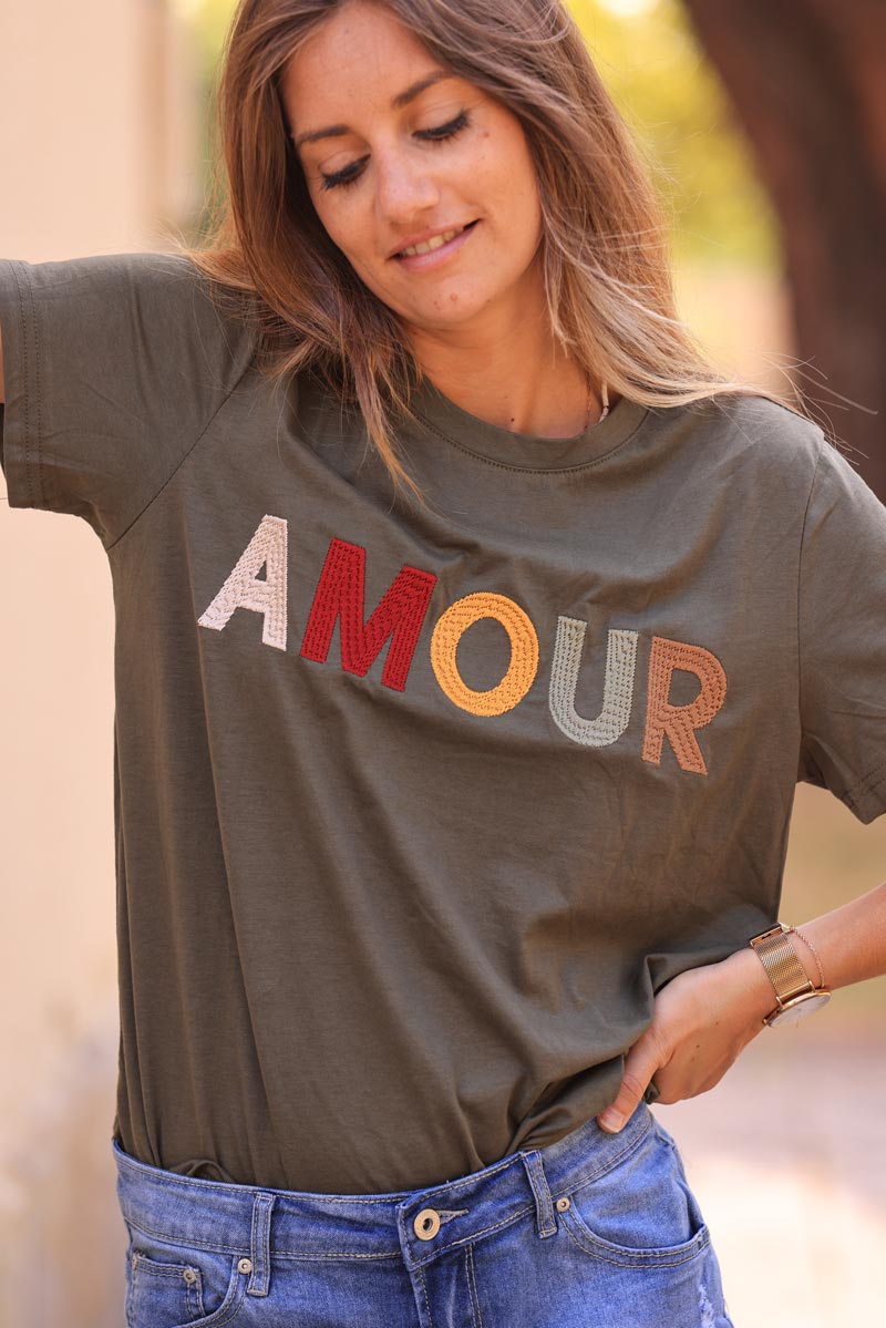 Khaki cotton t-shirt with colorful 'amour' embroidery