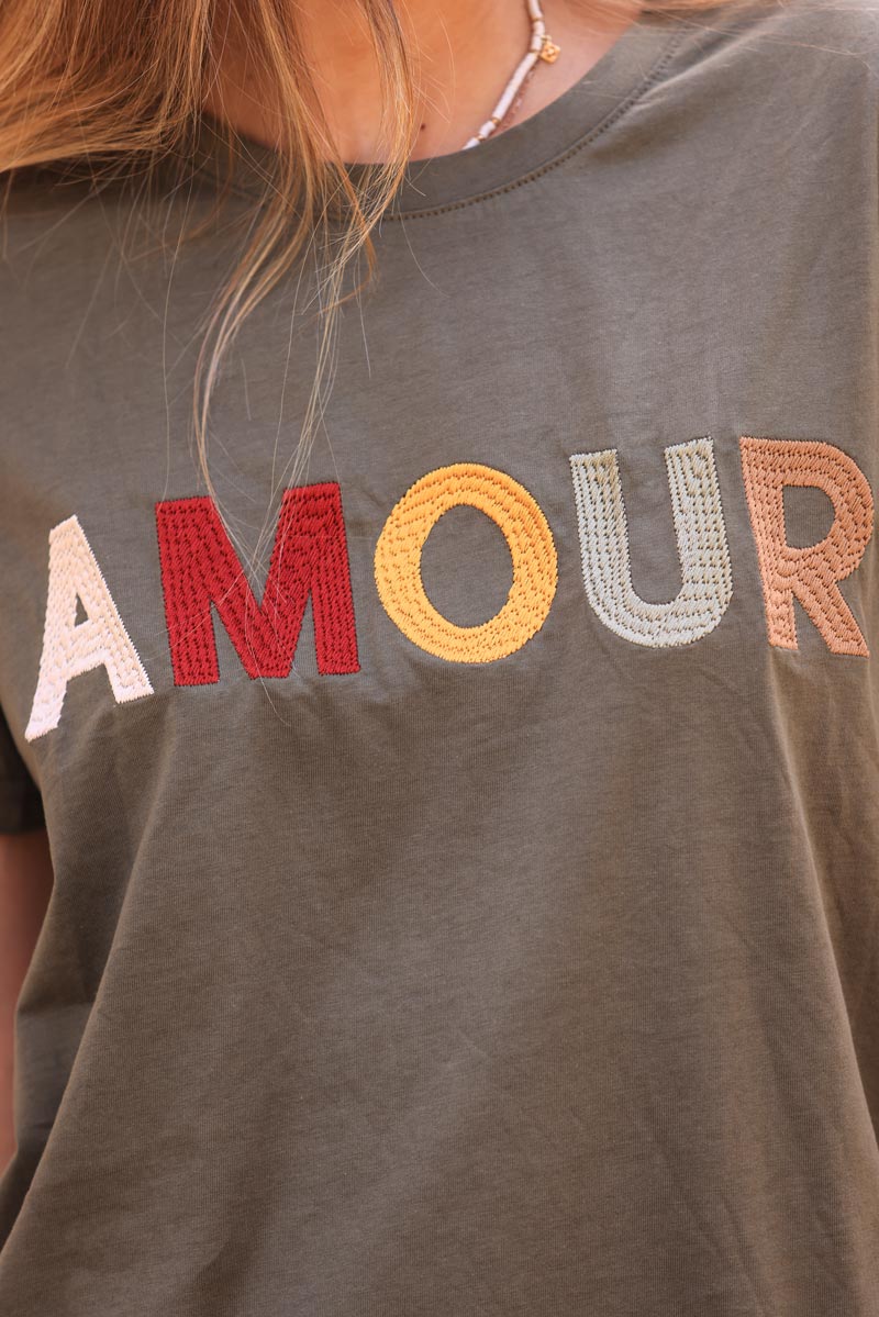 Khaki cotton t-shirt with colorful 'amour' embroidery