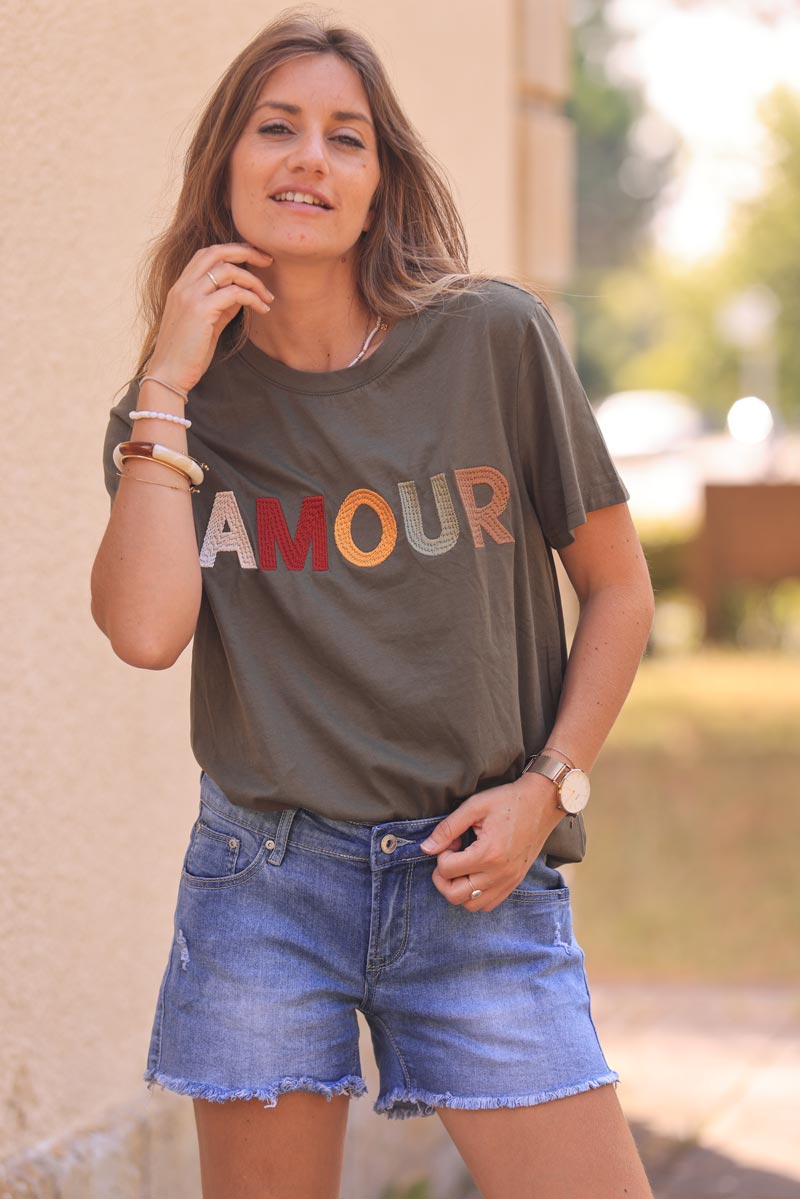 Khaki cotton t-shirt with colorful 'amour' embroidery