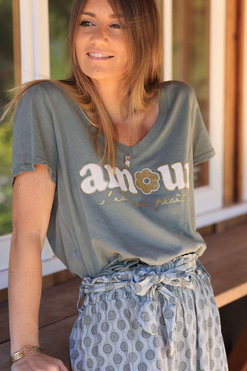 Khaki cotton t-shirt "amour s'il vous plaît" in glitter