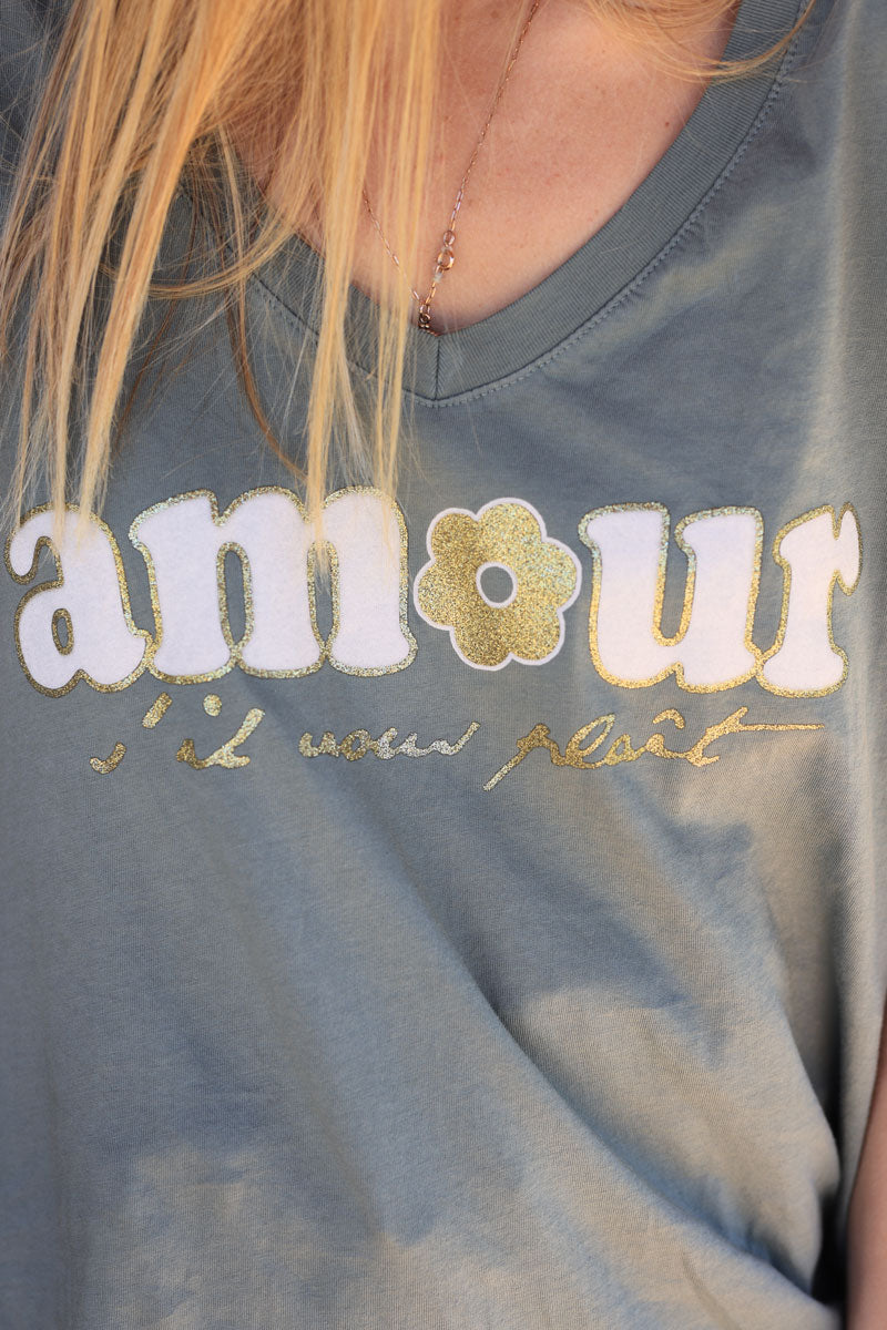 Khaki cotton t-shirt "amour s'il vous plaît" in glitter