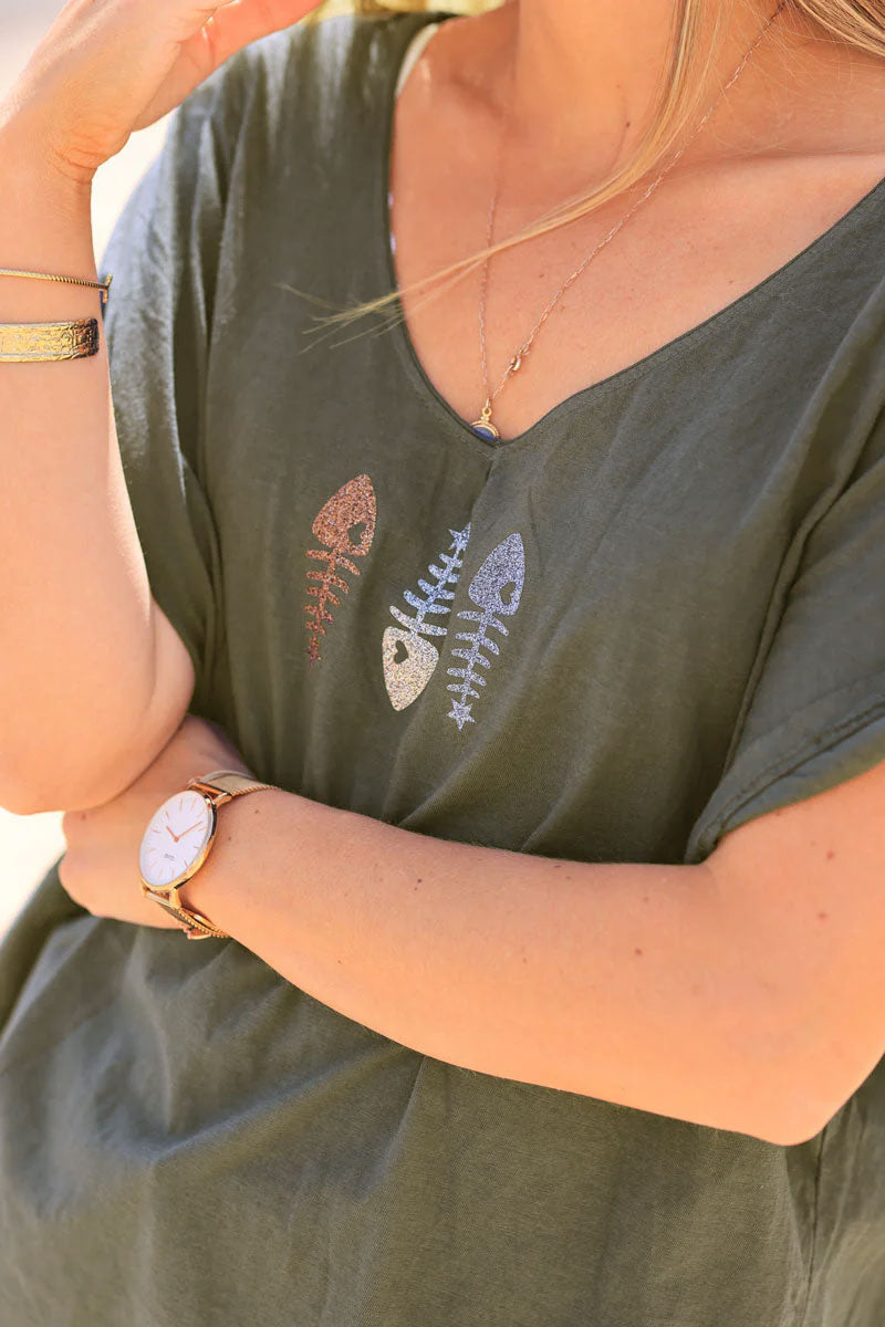 Tshirt kaki en coton trio poissons paillettes brillant