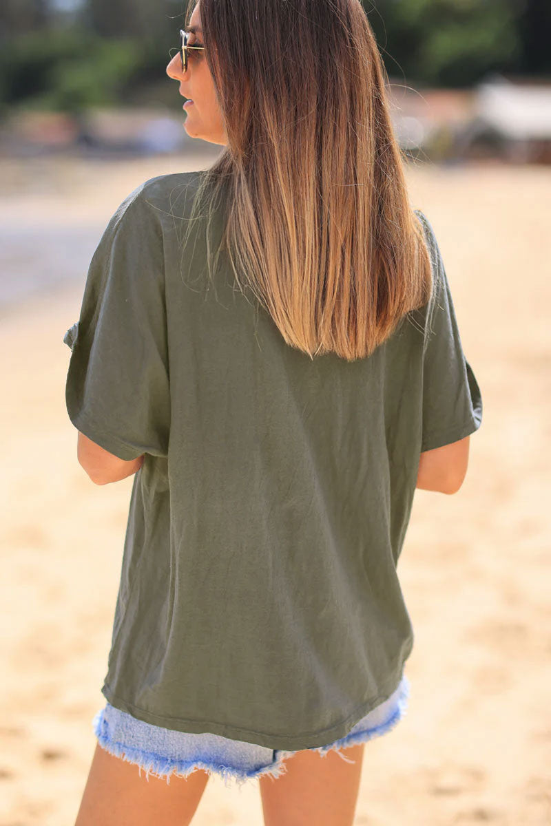 Tshirt kaki en coton trio poissons paillettes brillant