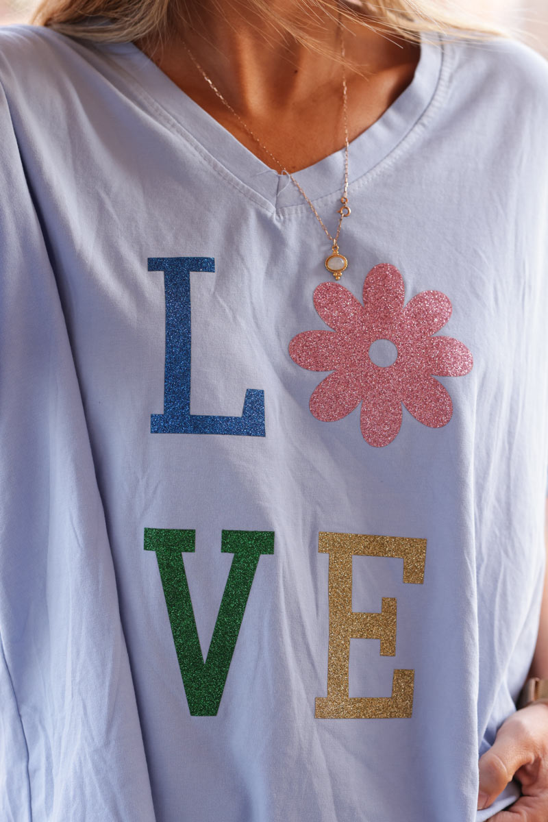 Sky blue relaxed fit t-shirt with LOVE and flower in glitter print