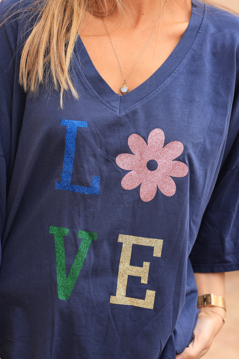 Camiseta grande de algodón azul marino con mangas holgadas LOVE flores brillantes