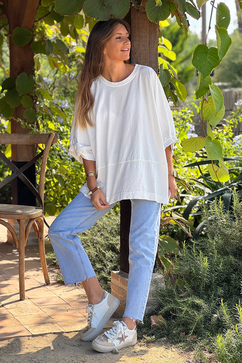 Tshirt large et loose blanc en coton détail couture élastique manches et bas