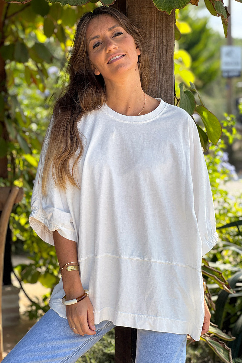Tshirt large et loose blanc en coton détail couture élastique manches et bas