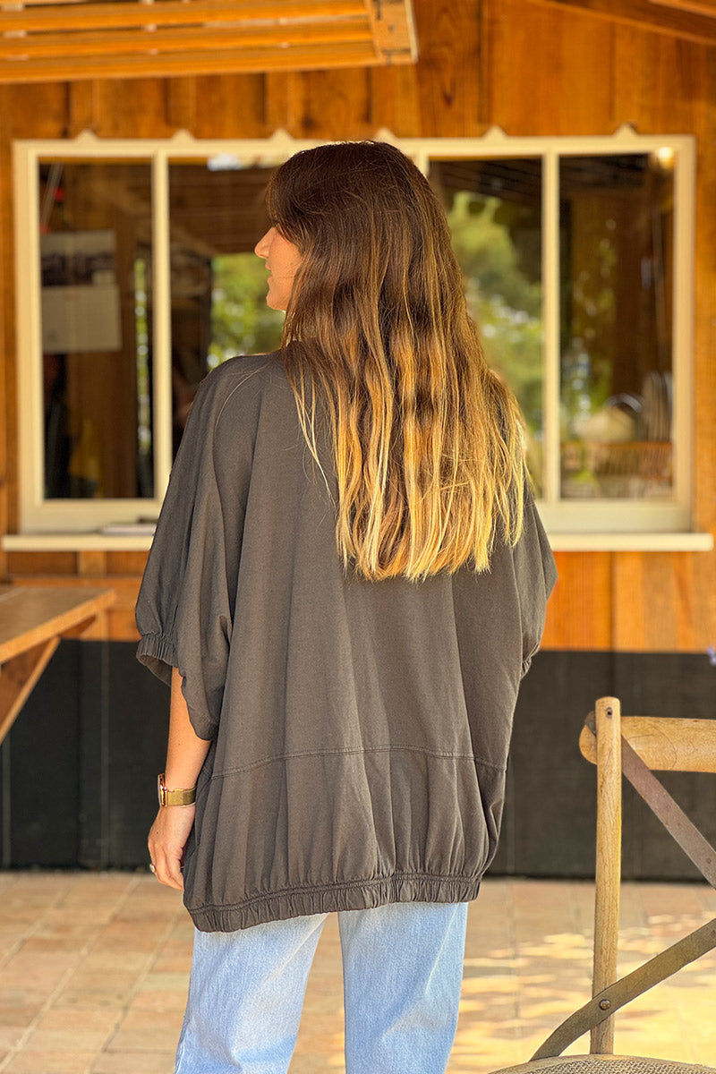 Tshirt large et loose marron en coton détail couture élastique manches et bas