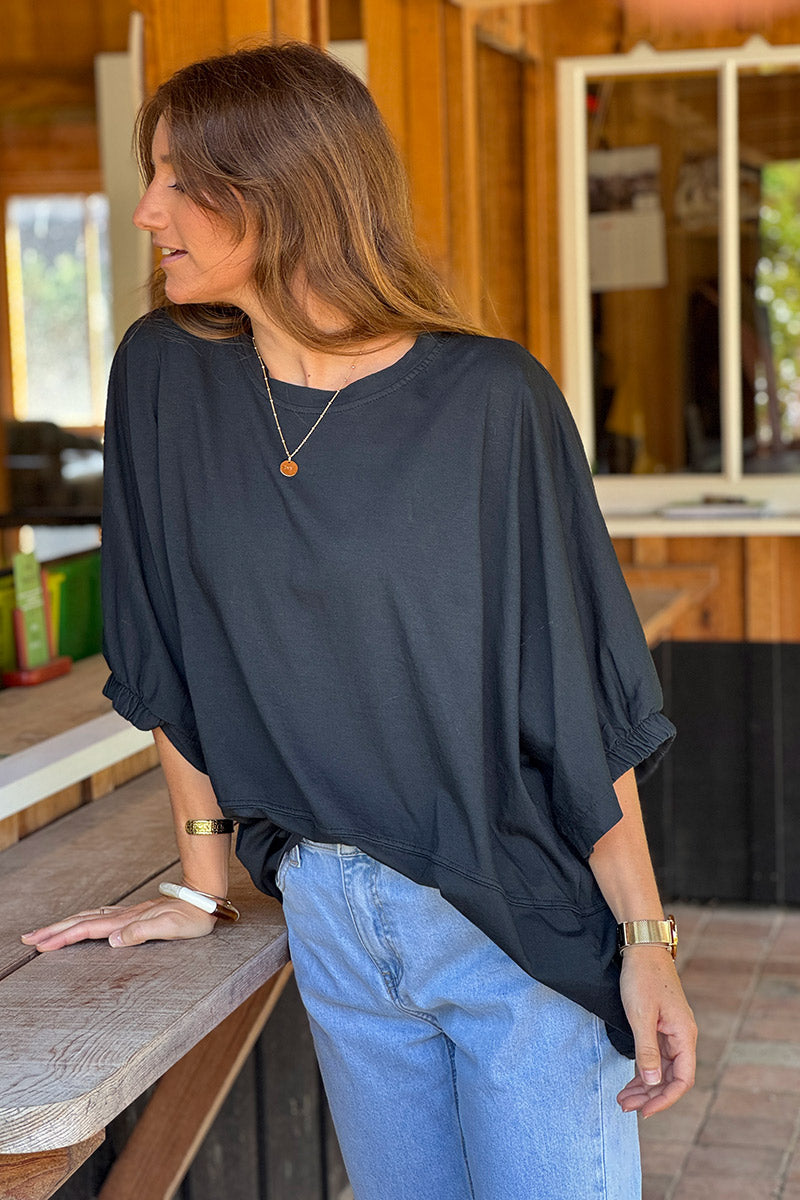Tshirt large et loose noir en coton détail couture élastique manches et bas