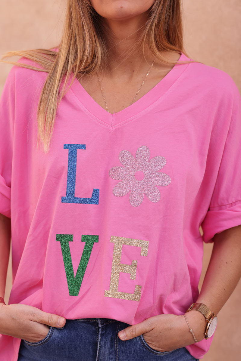 Camiseta grande de algodón fucsia con mangas holgadas LOVE flores brillantes