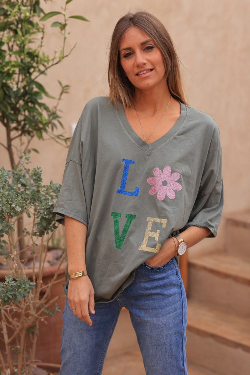 Khaki relaxed fit t-shirt with LOVE and flower in glitter print