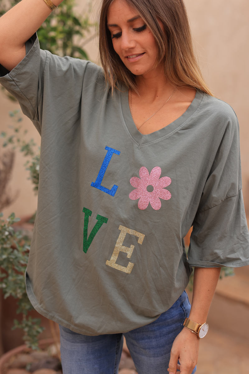 Tshirt large kaki en coton manches looses LOVE brillant fleurs