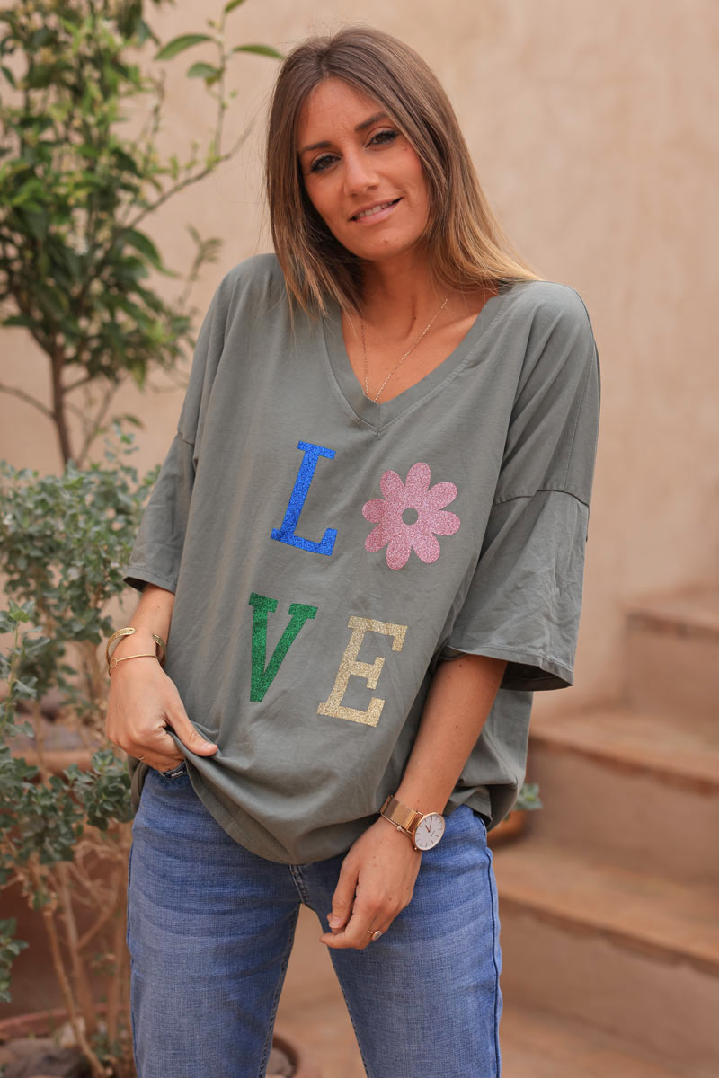 Tshirt large kaki en coton manches looses LOVE brillant fleurs