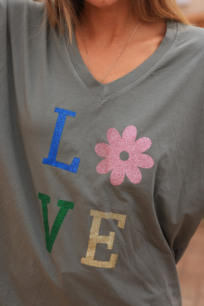 Khaki relaxed fit t-shirt with LOVE and flower in glitter print
