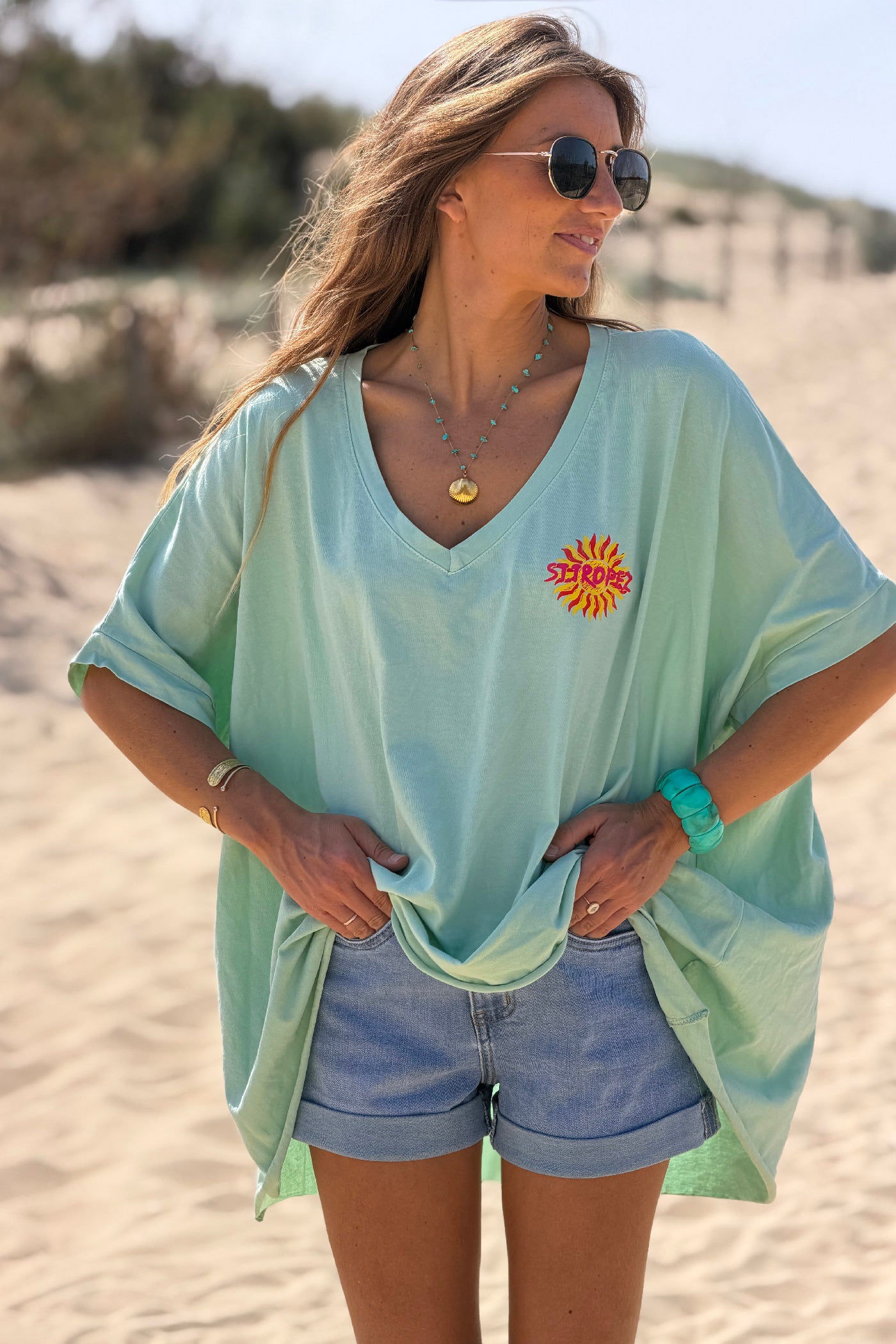 Tshirt loose oversize et stretch vert d'eau fonce motif Soleil St tropez