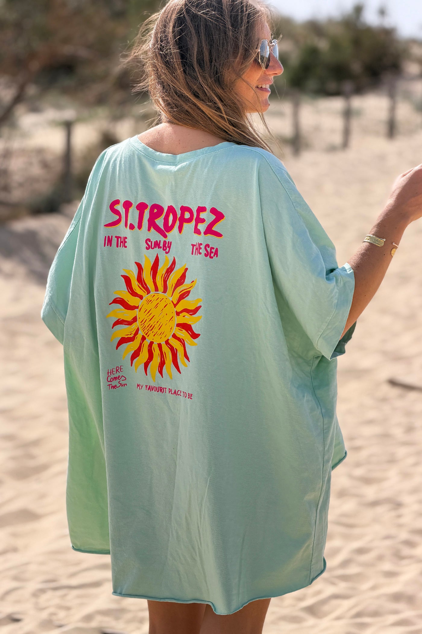 Tshirt loose oversize et stretch vert d'eau fonce motif Soleil St tropez