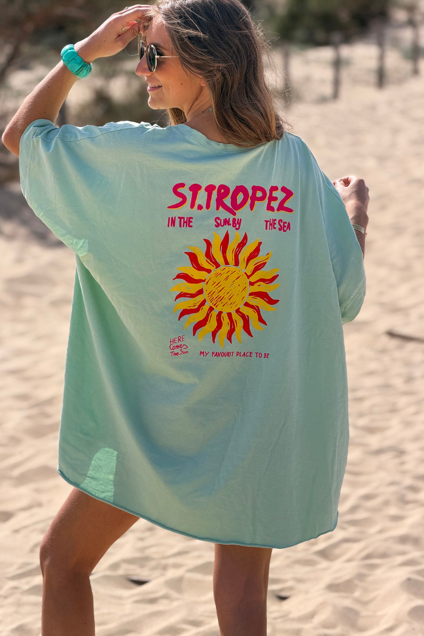 Tshirt loose oversize et stretch vert d'eau fonce motif Soleil St tropez