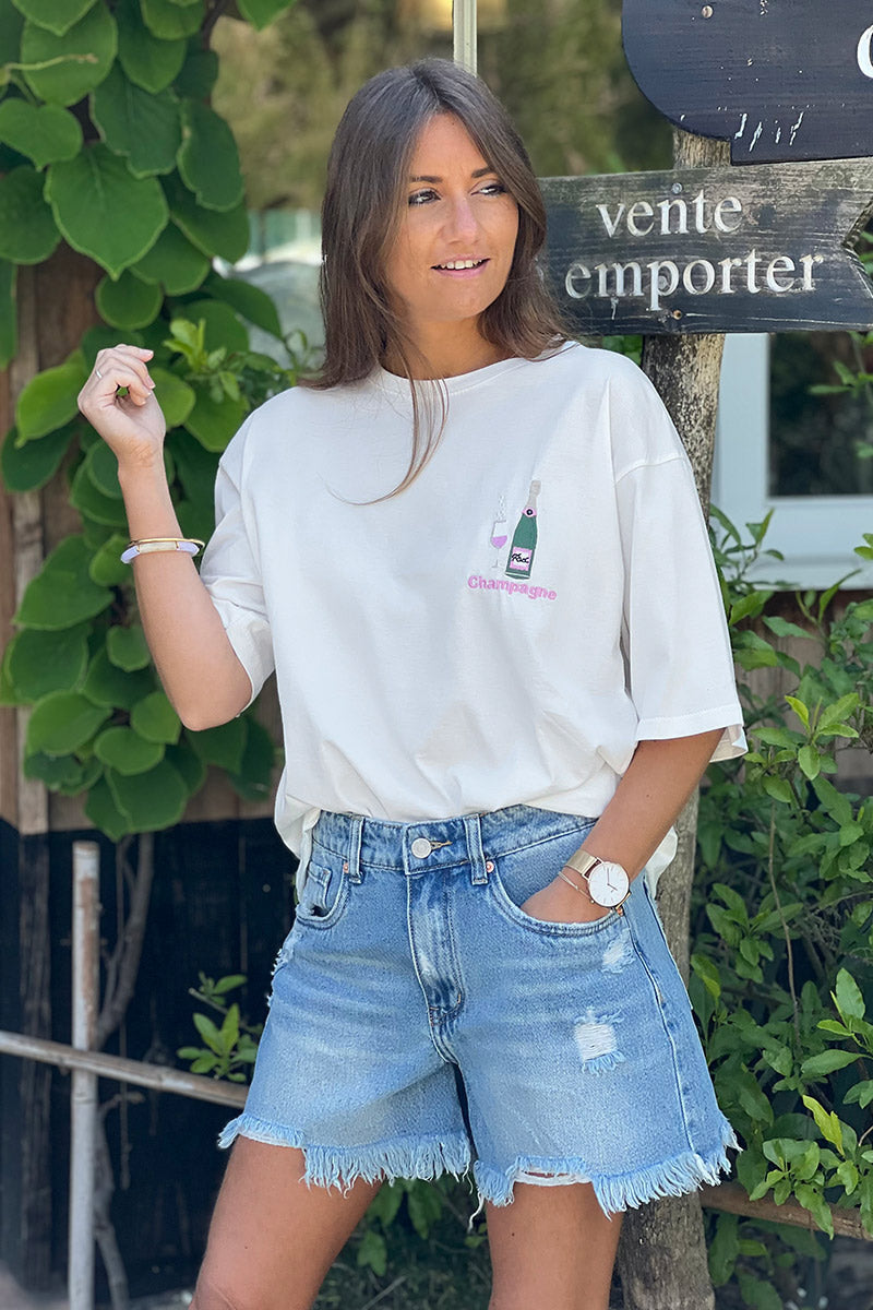 White “Champagne” Embroidered Tee