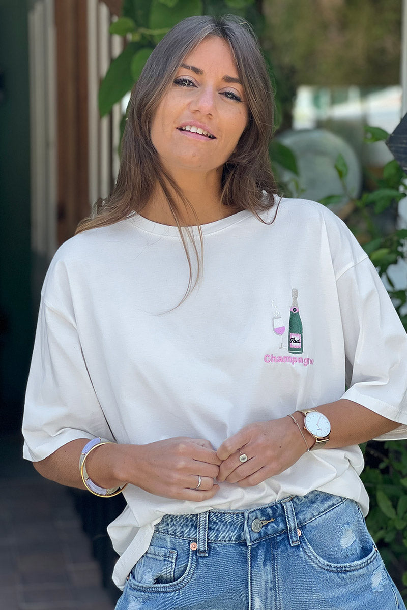 White “Champagne” Embroidered Tee