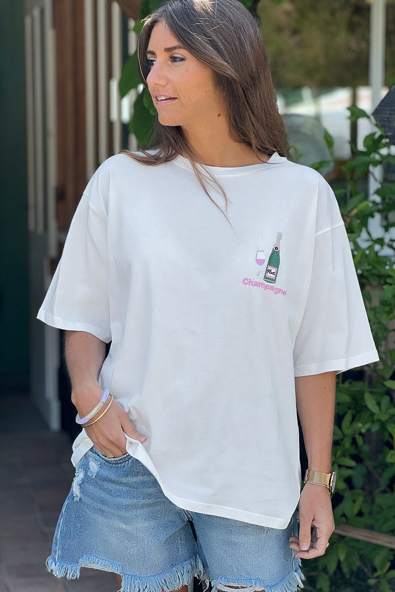 White “Champagne” Embroidered Tee