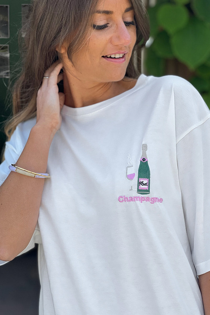 White “Champagne” Embroidered Tee