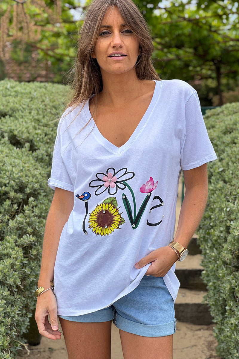 White “Love” Flowers V-Neck Tee