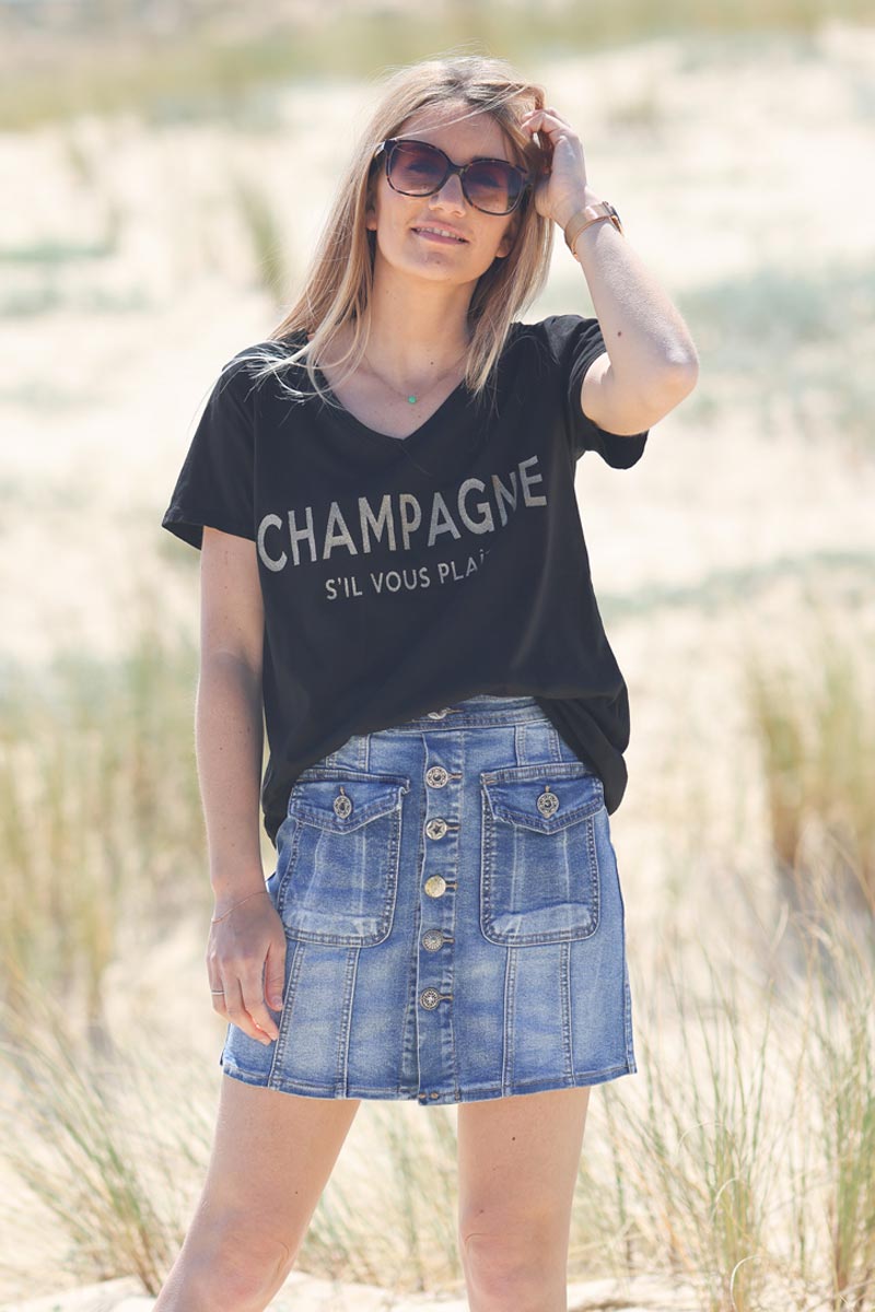Black t-shirt 'Champagne s'il vous plait' in glitter