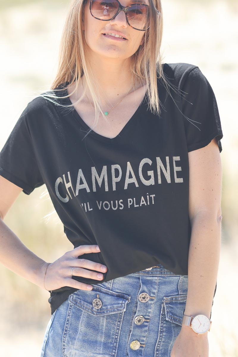 T-shirt noir col V message champagne s'il vous plait